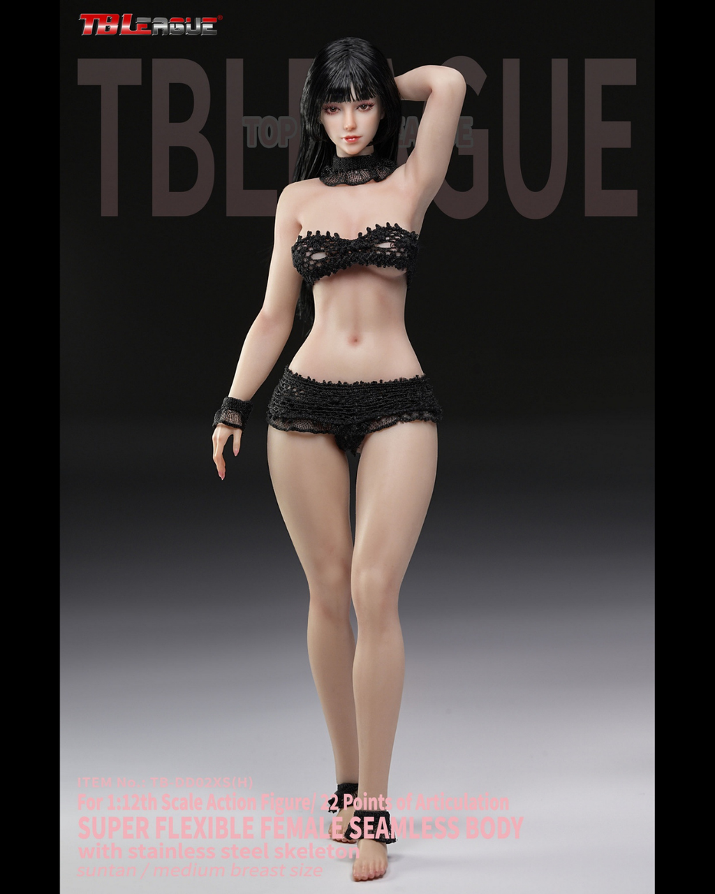 TBLeague TB-DD02XS(H) 1/12 Slim Waist Curvy Female Seamless Body with Head Sculpture (Black Hair)
