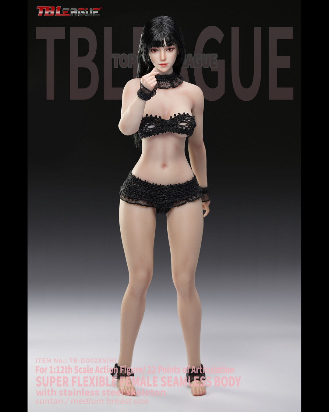TBLeague TB-DD02XS(H) 1/12 Slim Waist Curvy Female Seamless Body with Head Sculpture (Black Hair)